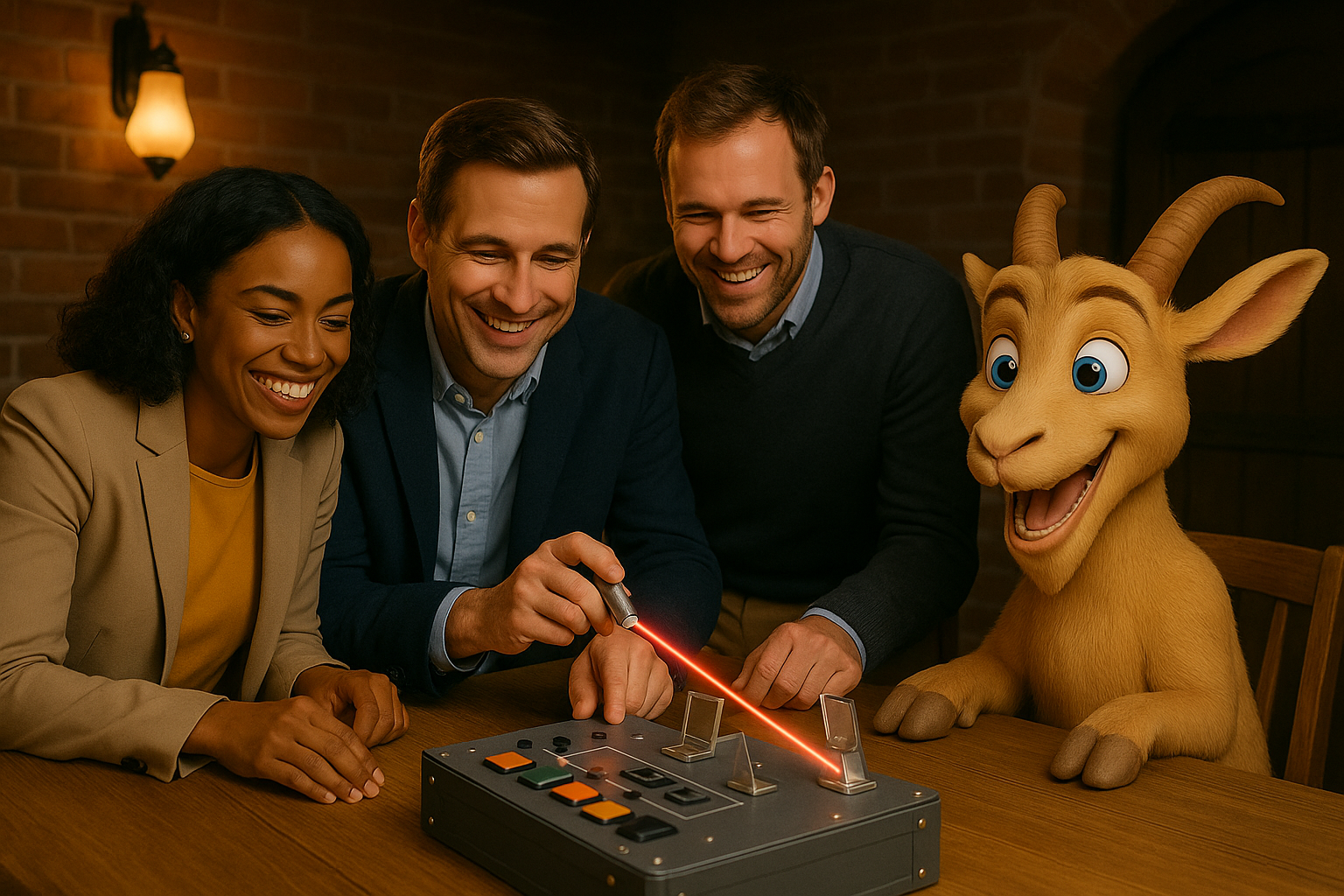 A team and Cipher the goat solving a laser puzzle together